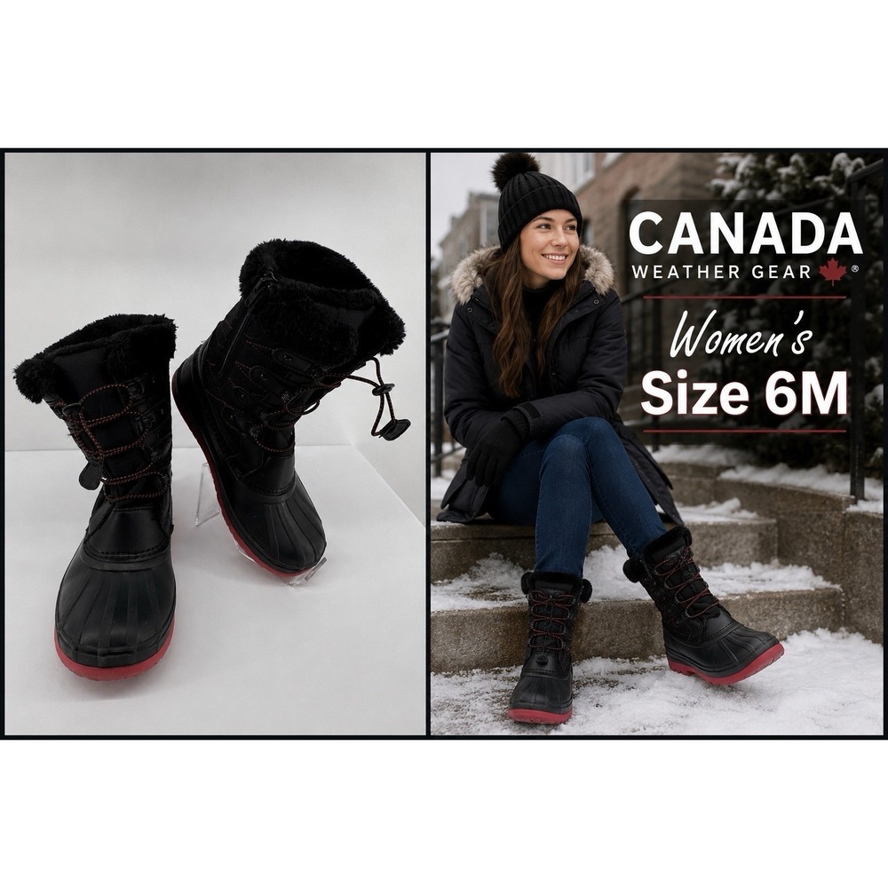 Canada Weather Gear Snow Boots Womens 6M Red Black Faux Fur Insulated Zip
